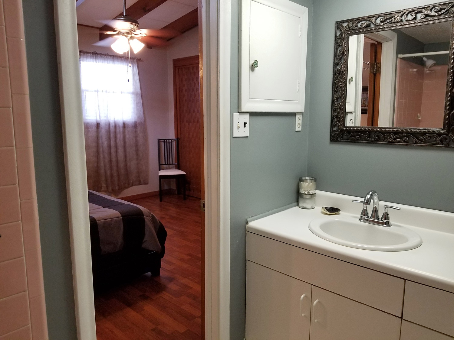photo looking into bedroom from en suite bathroom